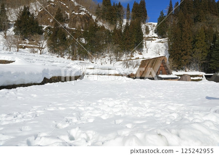 相倉合掌村的風景,雪地上的合掌屋鱗次櫛比 相倉合掌村的風景,雪地上的合掌屋鱗次櫛比 125242955