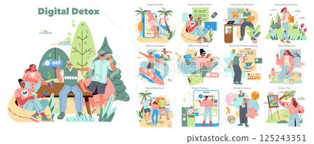 Digital Detox set. A colorful exploration of different strategies to reduce technology use, from nature reconnection to offline productivity. Vector illustration. Digital Detox set. A colorful exploration of different strategies to reduce technology use, from nature reconnection to offline productivity. Vector illustration. 125243351