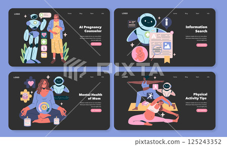 AI Pregnancy Counselor vector illustration. It highlights the integration of technology and personal health in pregnancy, focusing on guidance, mental well-being, and fitness for expecting mothers AI Pregnancy Counselor vector illustration. It highlights the integration of technology and personal health in pregnancy, focusing on guidance, mental well-being, and fitness for expecting mothers 125243352