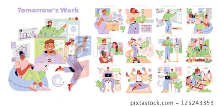 Tomorrow Work set. Remote teamwork using digital tools, personalized workspace design, flexible schedules and energy optimization, balancing goals and boundaries, celebrating achievements. Vector 125243353