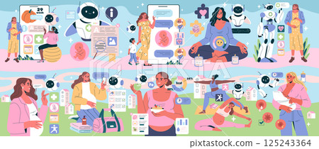 AI Pregnancy Counselor illustration showcases the intersection of technology and maternal health. It highlights various aspects of pregnancy support, wellness, and family interaction through AI AI Pregnancy Counselor illustration showcases the intersection of technology and maternal health. It highlights various aspects of pregnancy support, wellness, and family interaction through AI 125243364