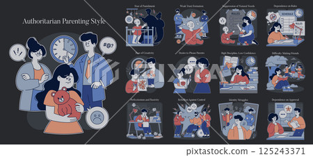 Authoritarian Parenting Style illustration. This artwork explores the restrictive nature of authoritarian parenting, showcasing fear of punishment, low trust, and challenges in relationships and 125243371