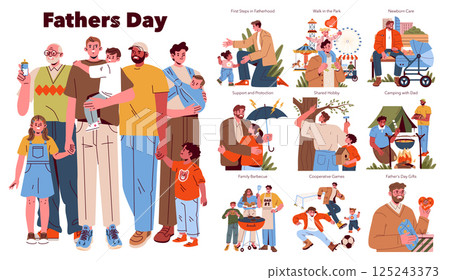 Fathers Day set. Various moments of fatherhood and family connection, such as bonding, caregiving, playing games, spending outdoors, sharing hobbies and celebrating together. Vector illustration. 125243373