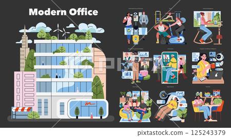 Modern office illustration that combines innovative design with multifunctional spaces promoting productivity and wellbeing. Highlights green architecture, smart technology, and diverse work 125243379