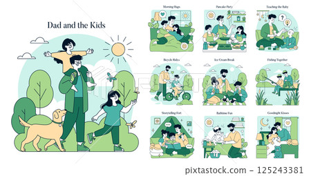 Dad and the Kids set. Family routines and bonding moments. Outdoor walks with dad and kids, playful dog, morning hugs, making pancakes, biking, fishing, storytelling, bath and bedtime. Vector 125243381