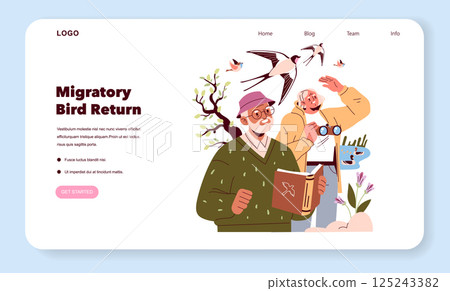 Two dedicated birdwatching enthusiasts come together joyfully to celebrate the wonderful return of migratory birds Two dedicated birdwatching enthusiasts come together joyfully to celebrate the wonderful return of migratory birds 125243382