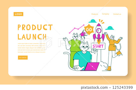 Business Cat illustration representing a lively product launch event. The scene captures excitement with engaging characters, symbolic elements of growth, and action-oriented themes emphasizing 125243399