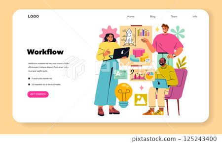 Workflow illustration showing a diverse team collaborating on projects. Engaging in discussions, utilizing technology, and analyzing data through graphs and charts. Emphasizing teamwork and 125243400