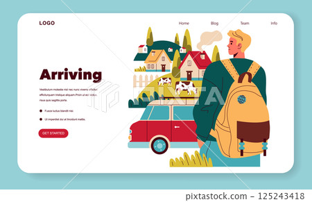 Slow travel concept promoting a relaxed and immersive journey through picturesque landscapes. Explore rural charm with a traveler ready for adventure in nature. Encourages meaningful experiences 125243418