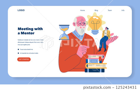 Mentorship meeting illustrating the concept of guidance and knowledge transfer. The image depicts a mentor with an hourglass and a bright idea, engaging with a mentee. It represents growth and 125243431