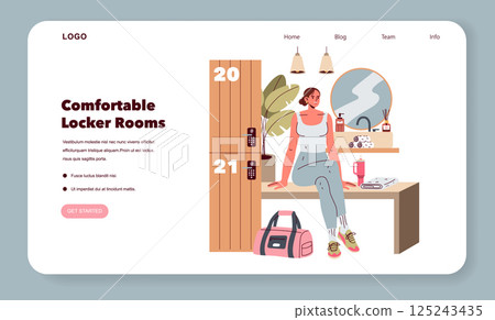 Locker room environment designed for comfort and relaxation. Features include modern lockers, a mirror, and spa items, providing a welcoming space for post-workout routines. Vector illustration. 125243435