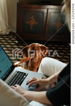 Young woman with her dog working remotely Young woman with her dog working remotely 125243436