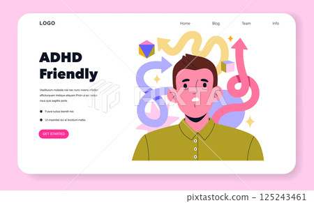 ADHD Friendly concept showcases a character surrounded by various shapes and lines, representing the unique challenges faced by individuals. This illustration captures the essence of understanding and 125243461