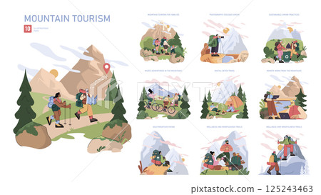 Mountain Tourism set. Hiking, nature exploration, outdoor activities and eco-friendly travel. Family trips, mountain biking and solo journeys. Digital detox, remote work, wellness retreats. Vector Mountain Tourism set. Hiking, nature exploration, outdoor activities and eco-friendly travel. Family trips, mountain biking and solo journeys. Digital detox, remote work, wellness retreats. Vector 125243463