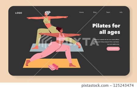 Pilates illustration showcasing two women practicing yoga on exercise mats. This art emphasizes inclusivity across ages in fitness, promoting health and well-being through movement. Vector 125243474
