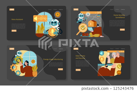AI Home illustration presents innovative features for modern living. It includes a voice assistant, home security, energy monitoring, and data privacy, showcasing smart technology integration. Vector AI Home illustration presents innovative features for modern living. It includes a voice assistant, home security, energy monitoring, and data privacy, showcasing smart technology integration. Vector 125243476