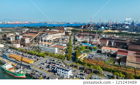 Aerial view of an industrial area lined with factories 125243489
