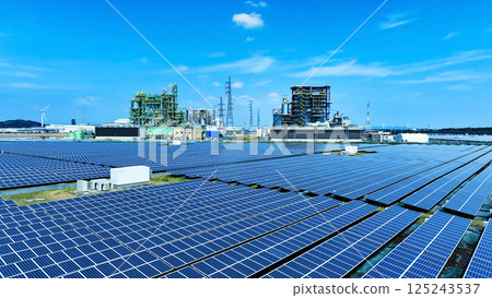 Aerial view of biomass power plant and wind and solar power plant 125243537