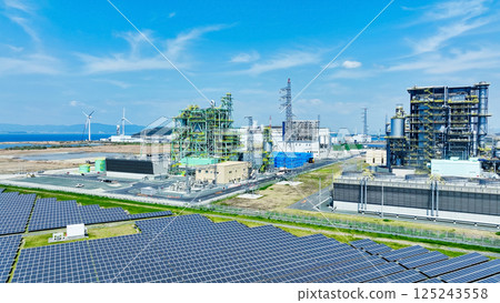 Aerial view of biomass power plant and wind and solar power plant 125243558