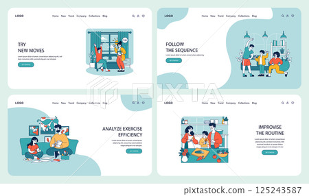 Family wellness activities concept. Illustration showcases family members engaging in various indoor activities promoting physical fitness and bonding. Yoga, exercising, home chores, and nutrition 125243587