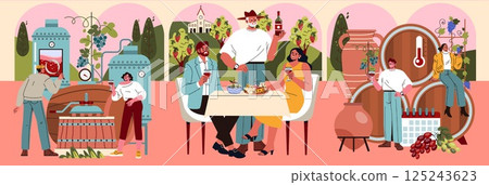 National Wine Day celebration depicted in a vibrant vector illustration showcasing winemaking and tasting scenes with joyful characters. National Wine Day celebration depicted in a vibrant vector illustration showcasing winemaking and tasting scenes with joyful characters. 125243623