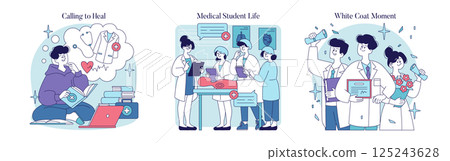 Journey of a Healthcare Hero illustrates the inspiring path of future medical professionals. It captures the student experience, dedication to healing, and the joyous White Coat Moment. Vector 125243628