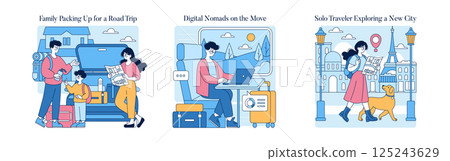 Travel scenes that capture the essence of adventure and exploration. Family packing for a road trip, digital nomads working on the go, and solo travelers discovering new cities. Vector illustration. Travel scenes that capture the essence of adventure and exploration. Family packing for a road trip, digital nomads working on the go, and solo travelers discovering new cities. Vector illustration. 125243629