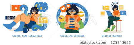 Brain Rot concept. This illustration highlights the effects of excessive screen time and digital fatigue. It features scenarios showcasing exhaustion, overload, and burnout linked to digital usage Brain Rot concept. This illustration highlights the effects of excessive screen time and digital fatigue. It features scenarios showcasing exhaustion, overload, and burnout linked to digital usage 125243655