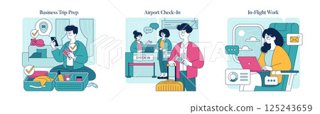 Business travel sequence illustration showing trip preparation, airport check-in, and in-flight work. Each scene captures essential moments, reflecting the modern business travel experience. Vector 125243659