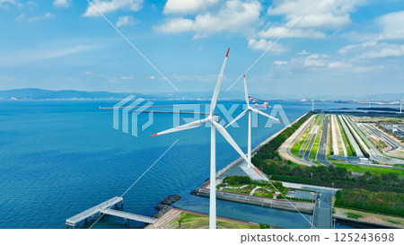Aerial view of wind turbines at a wind power plant 125243698