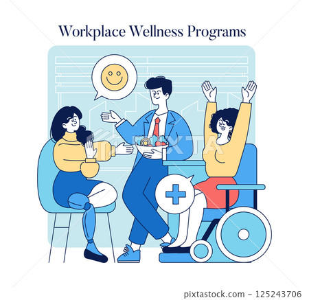 World Health Day promotes awareness about healthy living and wellness practices in the workplace. The illustration highlights a collaborative environment fostering health through initiatives and 125243706