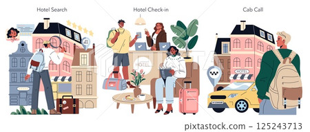 Hotel holiday set showcasing travelers searching for hotels, checking in, and hailing a cab in a vibrant cityscape. Hotel holiday set showcasing travelers searching for hotels, checking in, and hailing a cab in a vibrant cityscape. 125243713
