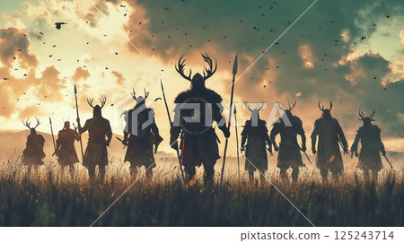 Silhouetted viking warriors with antlered helmets standing against golden sunset sky with flying ravens, creating epic fantasy-inspired historical scene 125243714