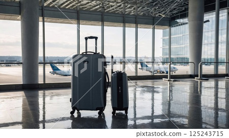 travel essentials: two sleek suitcases standing on a reflective airport floor with airplanes and a bright terminal as the backdrop, capturing the spirit of travel travel essentials: two sleek suitcases standing on a reflective airport floor with airplanes and a bright terminal as the backdrop, capturing the spirit of travel 125243715