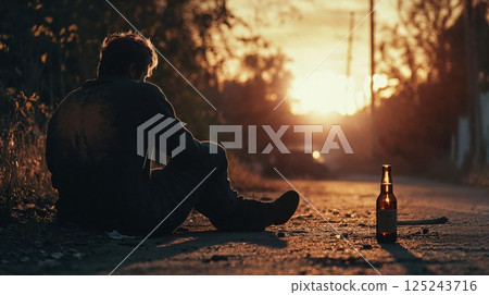 Silhouette of lonely man sitting by dirt road at sunset with beer bottle, creating atmospheric scene that captures themes of solitude and contemplation Silhouette of lonely man sitting by dirt road at sunset with beer bottle, creating atmospheric scene that captures themes of solitude and contemplation 125243716
