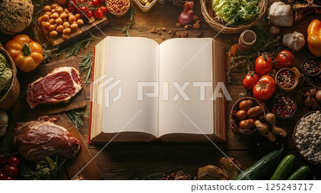 Open blank cookbook surrounded by fresh ingredients including raw meat, vegetables, and spices on rustic wooden table, creating inviting culinary composition 125243717