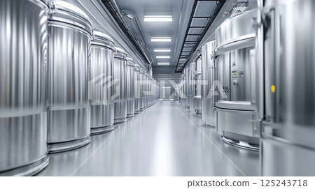 Modern sterile brewery or pharmaceutical facility with rows of stainless steel fermentation tanks, showcasing industrial precision and cleanliness 125243718