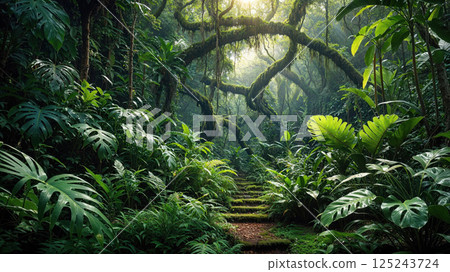 tropical rainforest with intertwined vines, towering trees, and dense foliage illuminated by soft sunlight, creating a magical and serene jungle environment tropical rainforest with intertwined vines, towering trees, and dense foliage illuminated by soft sunlight, creating a magical and serene jungle environment 125243724