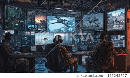 Military drone control room with multiple monitors displaying aircraft surveillance footage, operators in tactical gear monitoring advanced technology systems 125243727