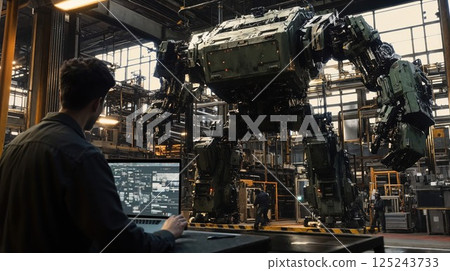 Engineer operating control system for massive military mech robot in high-tech manufacturing facility, blending science fiction aesthetics with industrial engineering Engineer operating control system for massive military mech robot in high-tech manufacturing facility, blending science fiction aesthetics with industrial engineering 125243733