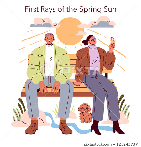 Spring Equinox Day showcases a cozy urban scene where two friends enjoy the warmth of the first sun rays. They relax on a bench, savoring treats while a playful dog sits nearby. Spring Equinox Day showcases a cozy urban scene where two friends enjoy the warmth of the first sun rays. They relax on a bench, savoring treats while a playful dog sits nearby. 125243737