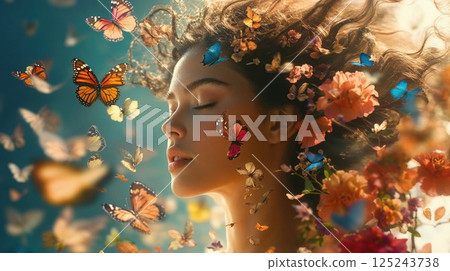 Ethereal portrait of woman with closed eyes surrounded by floating monarch and blue morpho butterflies, adorned with coral flowers in her hair against dreamy turquoise backdrop Ethereal portrait of woman with closed eyes surrounded by floating monarch and blue morpho butterflies, adorned with coral flowers in her hair against dreamy turquoise backdrop 125243738