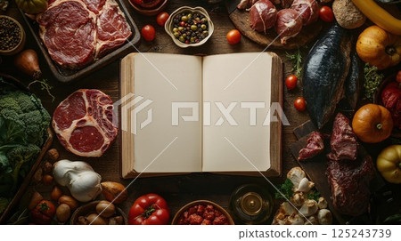 Vintage cookbook surrounded by fresh ingredients including raw meat cuts, vegetables, spices and herbs on rustic wooden table, creating traditional cooking scene Vintage cookbook surrounded by fresh ingredients including raw meat cuts, vegetables, spices and herbs on rustic wooden table, creating traditional cooking scene 125243739
