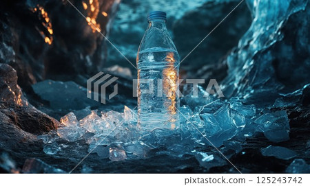 Water bottle surrounded by crystalline ice fragments glowing with ethereal blue light, creating dramatic contrast between frozen landscape and warm amber reflections 125243742