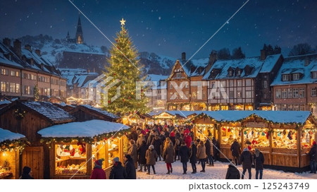 Christmas market under falling snow, featuring wooden stalls, festive lights, a grand illuminated Christmas tree, and traditional European architecture, creating a magical holiday ambiance 125243749