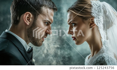 A dramatic close-up of a bride and groom intensely staring at each other, capturing emotions, tension, and the complexity of love on their wedding day 125243756