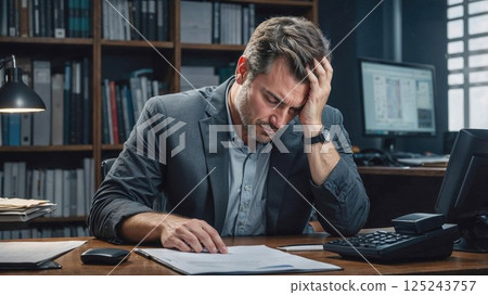 stressed man in a business suit holds his head in frustration at his desk, surrounded by paperwork and a cluttered workspace. The pressure of work is visible on his face as he struggles with a 125243757