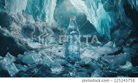 A water bottle placed amidst sparkling ice chunks inside an ice cave, with frosty icicles surrounding it, creating a cool and refreshing atmosphere 125243758