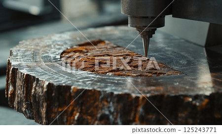 Precision CNC machine carving intricate details into wood, highlighting craftsmanship, technology, and industrial efficiency in modern woodworking processes 125243771