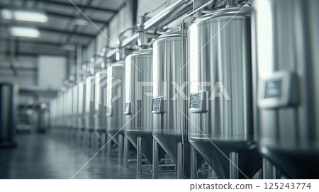 Row of large stainless steel brewery tanks in a modern industrial factory, representing precision, technology, and beverage production 125243774
